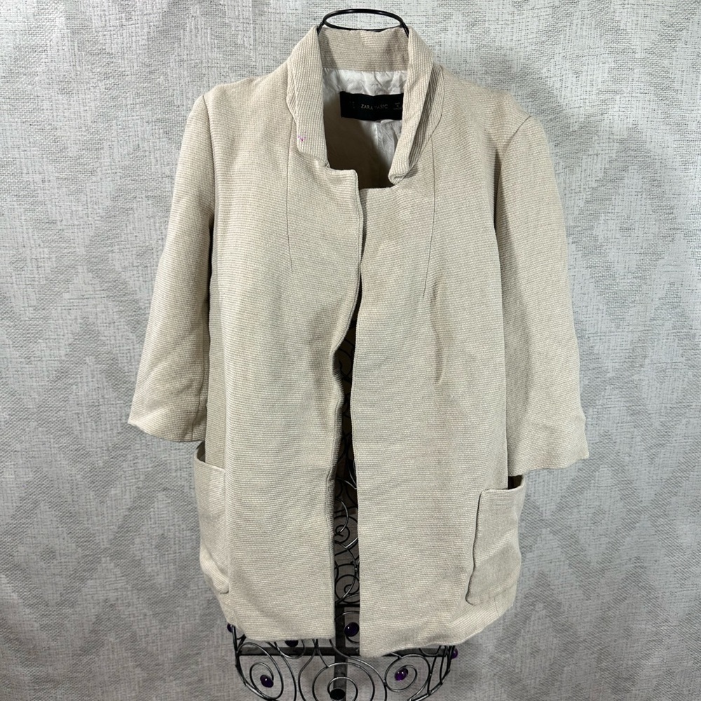 Zara basic oatmeal boucle 3/4 sleeve open blazer size S